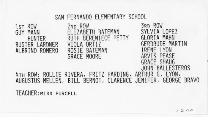 Collection Item San Fernando Elementary School - Teacher: Miss Purcell