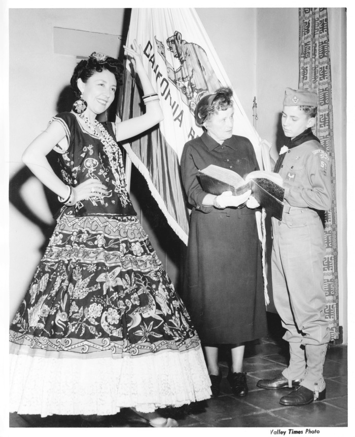 North Hollywood, CA - Campo de Cahuenga - Articles of Capitulation commemorative ceremonies - John Rander (Boy Scout Troop 50), Mrs. William H. Allen (center), and Elena Ruiz (left) - Native Sons of the Golden West, Boy Scouts, and California Garden Club