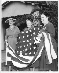 North Hollywood, CA - Campo de Cahuenga - Daughters of the American Revolution - Campo de Cahuenga Memorial Association - Mrs. Helen Adams Neely (left, member of the DAR), Mrs. William Allen (secretary of Campo de Cahuenga Memorial Association), and Mrs. John Gilchrist (right, member of the DAR)
