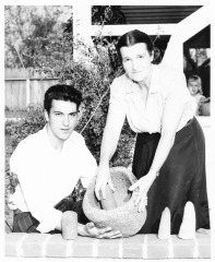 Pacoima, CA - Indian artifacts - mortar and pestles - Mrs. Dennis Cook and her son, William. Child in background is unidentified