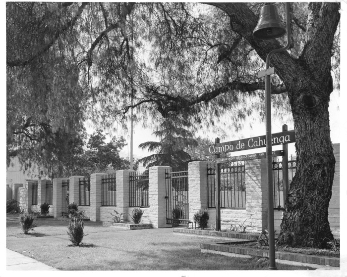 North Hollywood, CA - Campo de Cahuenga - Entrance gate with Camino Real bell in the foreground