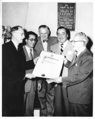 North Hollywood, CA - Campo de Cahuenga - Leo Carrillo (2nd from left), William Allen (right), others unidentified - centennial celebration of 1847 signing of treaty of Cahuenga (?)