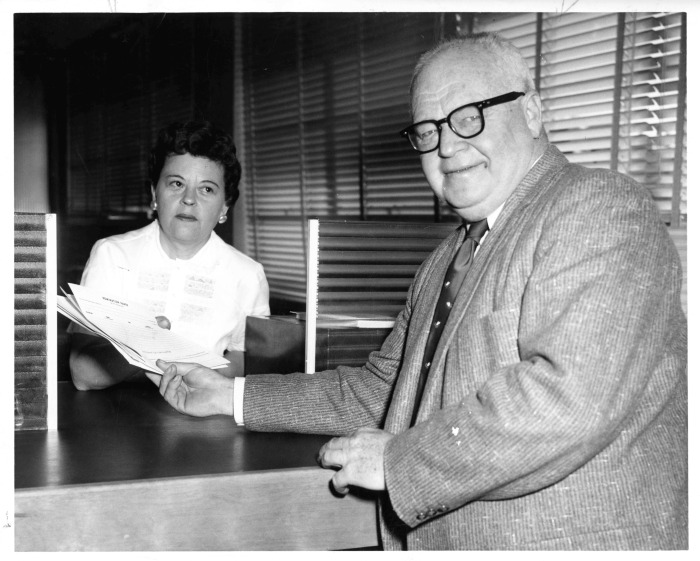 San Fernando, CA - Copeland, L.A. - Copeland, retired newspaper publisher, files nomination papers for San Fernando City Council election with Mrs. Ceila Edwards