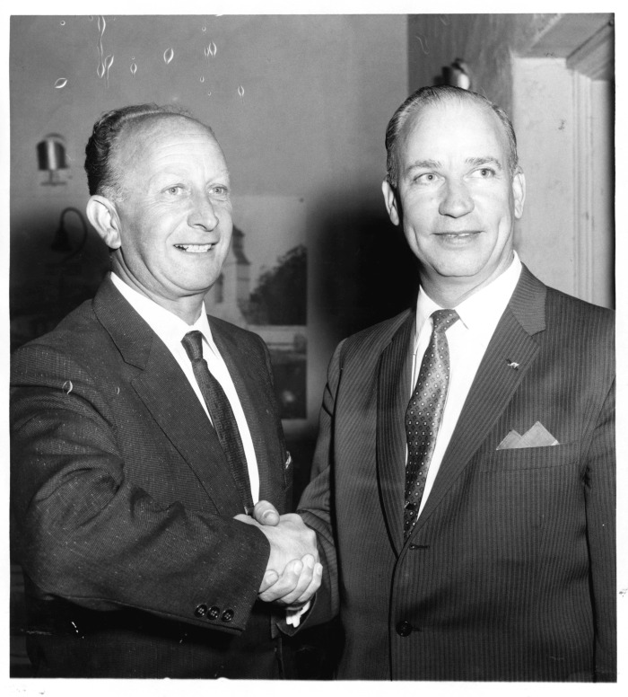 San Fernando, CA - San Fernando Chamber of Commerce - Wayne Goodin (right) being congratulated on assuming Chairmanship of the Merchants of the Chamber