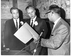San Fernando, CA - San Fernando Chamber of Commerce - Roy Simeral (right) presents resolution honoring Wally Warren (center), who resigned as President of Chamber. Wilson Gage (left) is the new President