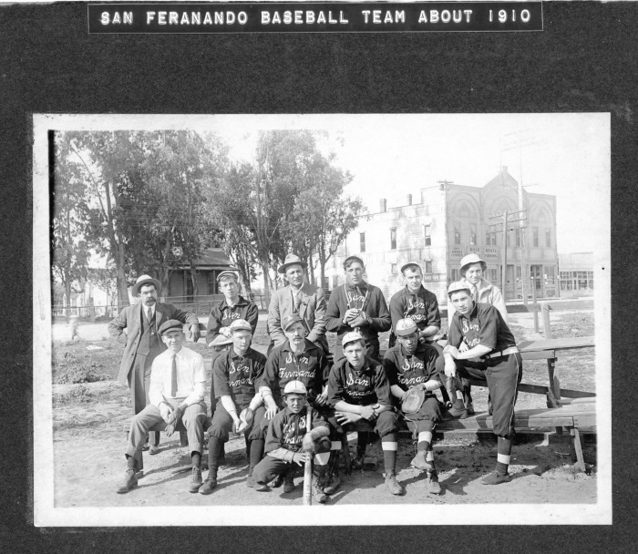San Fernando baseball team - Harps building in background - Names of people are shown on the back of the photo