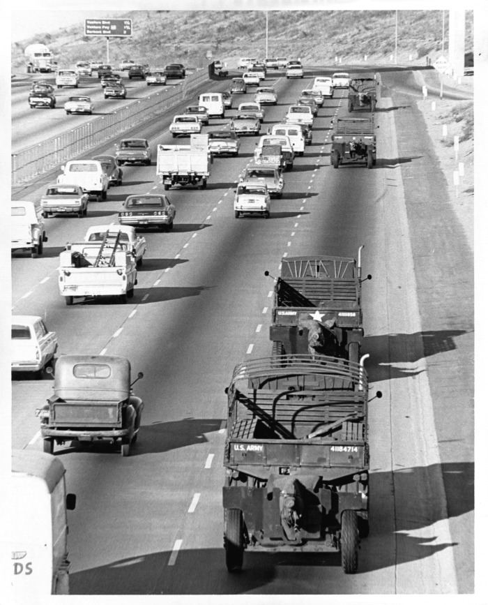 Army convoy - San Diego Freeway on the Mulholland Pass heading north
