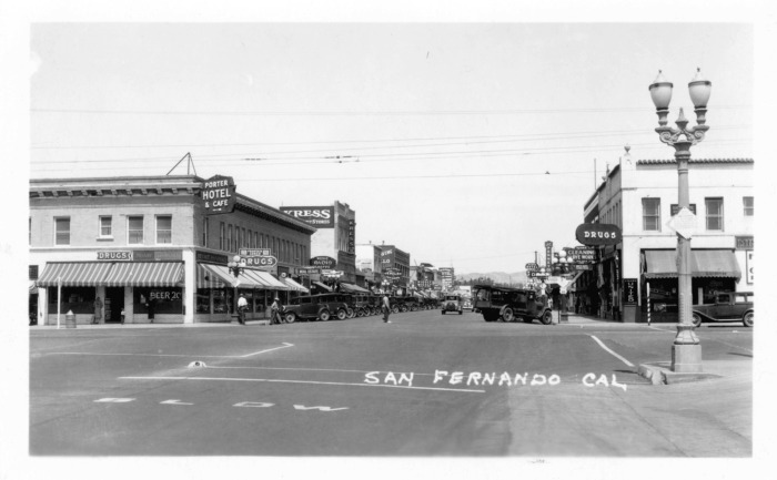 San Fernando, CA - View of Downtown San Fernando on San Fernando Rd. and a view of a hotel, BPOE Lodge, and street car at San Fernando Rd. and Brand Blvd.