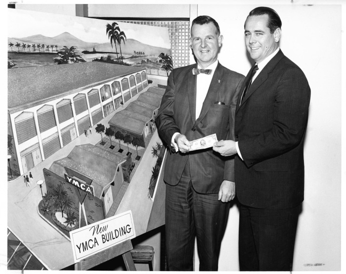 Van Nuys YMCA - Ed Reinecke donates money to another man for a new YMCA building - Other man is possibly Norman Curtis