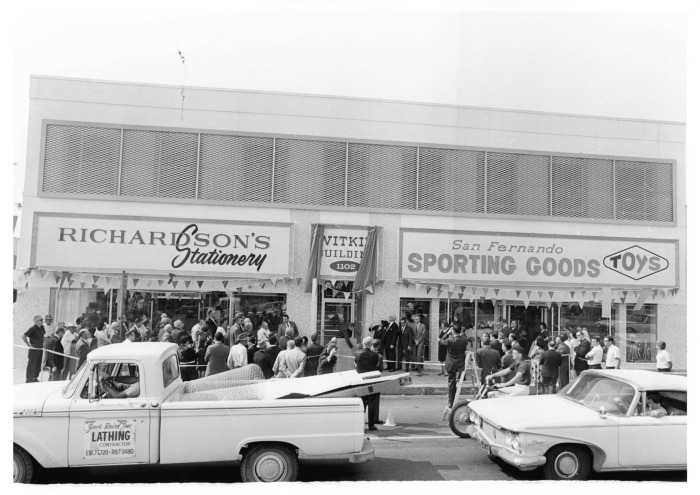 San Fernando, CA - Dedication of Witkin Building - San Fernando Road and Maclay -Building has Richardson's Stationary and San Fernando Sporting Goods - Men at podium from left to right are Marty Witkin, Ken Ledbetter, and Phil Jones