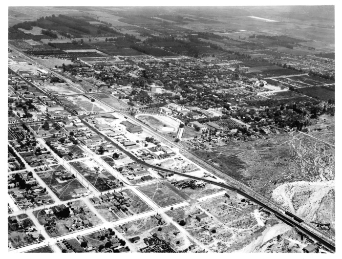 San Fernando, CA - Aerial view of the City of San Fernando. Main Street is San Fernando Road and San Fernando High School is in the center of the photo