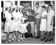 Chatsworth, CA - Goldwater/Miller Presidential campaign - Campaign headquarters opened at 21808 Devonshire St. - From left to right are Carol Koch, Karen Ferguson, Carole Johnson, Leslie Koch, Roy Rogers, Clint Walker, Mrs. Otto H. Klittich, Chairman, and Mrs. Bill T. Long, Manager
