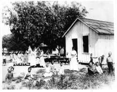 First school in North Hollywood, CA - Located in a bunk house on the A.P. Hoffman Ranch, about 11016 Kling Street - W.H. Andrews was the school superintendent and the teacher was Anna Crawford - Some of the children have been identified in the photo: Henry Bakerman, Alex Beeman, Dema Reese, ? Reese, Jessie Kiesling, Minnie Andrews, Ethel Finney, Nellie Dietrich, Kate M. Lschler (sic), Louis Toby, Myrtle Reese, Della Finney, Maud Finney, Laura Woods, Theresa M. Lschler (sic), Julia Dietrich, Georgia York, Dan Bakerman, Eddie Dietrich, Willie M. Lschler (sic), Charlie Bakerman, Walter York, Gertie and Ed Richardson, and Jim Stratton