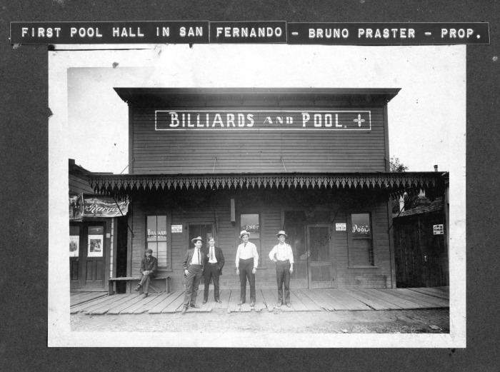 San Fernando, CA - Pool Hall - First pool hall in San Fernando - Bruno Praster, proprietor (2nd from right) and Roy York (1st from right) - Other people not identified