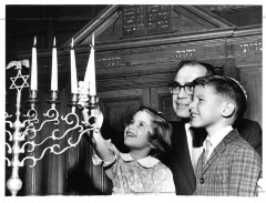 North Hollywood, CA - Valley Jewish Community Center - Judith Ann Jacoby, Joel David Wise, and Rabbi Aaron Wise light menorah