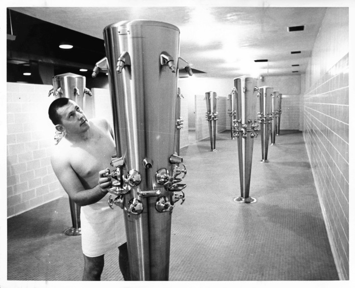 Northridge, CA - Valley State College (CSUN) - Jim Hand trying out new showers that were installed in new gym
