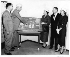 Northridge, CA - San Fernando Valley State College (CSUN) - Dr. Howard S. McDonald (2nd from left), President of LASC relates role of college for potential teachers. Delmar Oviatt (left) helps describe program to Mrs. Edith Stafford and President of L.A. Board of Education William Brown and Mrs. W.F. Whitney