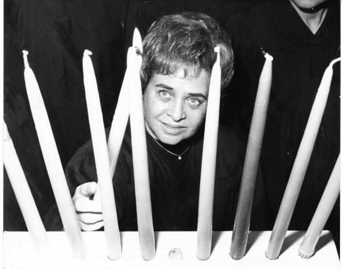 Hanukkah - First candle lit by Jaek (sp?) Goldstyn of North Hollywood - She is a member of the woman's group of Rodef Sholom Temple