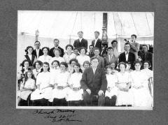 Lankershim, CA - Methodist Episcopal Church - Pictured are Joe Taylor, Mrs. Aldrich, A.H. Prince, Emma Westerfield, Maud Nobles, Nellie Killion, Lidia Prince, Minnie Throsher, Tory Barnes, Janet Frazer, Lucy Prine, Anna Box, Verna Littlefield, Albert ?, Mattie Callender, Fred Sherman, and Bertha Alander