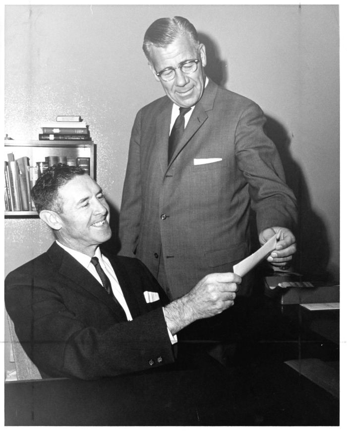 Northridge, CA - San Fernando Valley State College (CSUN) - Sears Foundation donates $1,000 - S.W. Pettigrew (right) and Ralph Prater, College President (left)
