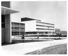 Northridge, CA - San Fernando Valley State College (CSUN) - View of new library from fine arts building