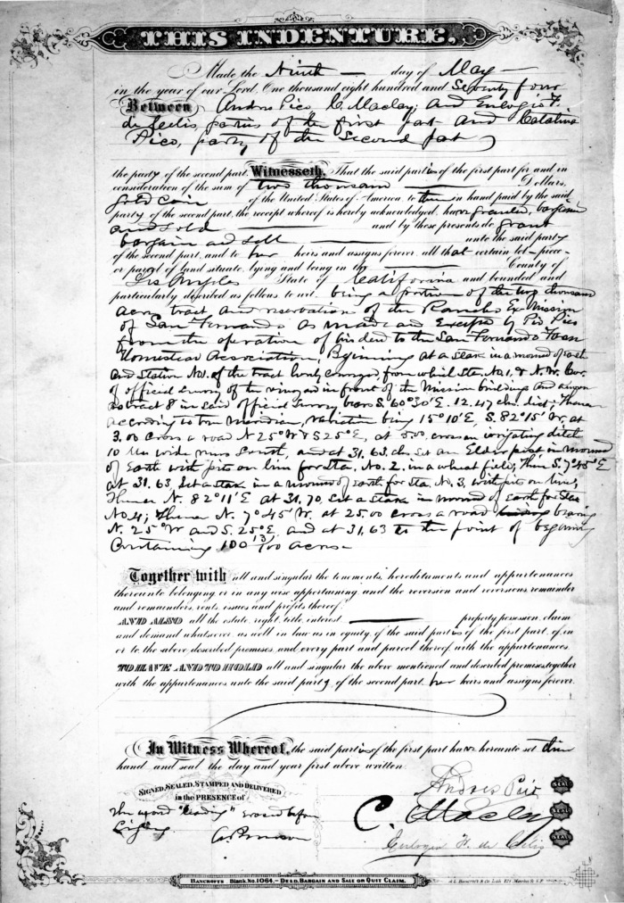 Transfer to Catalina Pico from Andres Pico, E. Maclay, & Eulogio F. de Celis