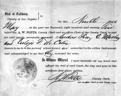 Notarized statement of identification - Transfer of Deed, May 9, 1874: A. Pico, C. Maclay, E. F. de Celis, & County Clerk A.W. Potts