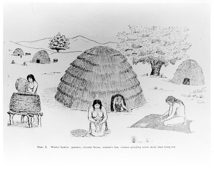 Indian village, winter homes, granary, circular house, woman's hut, women grinding corn, man tying net